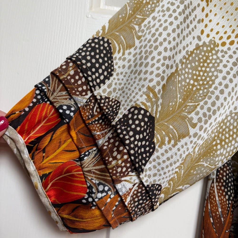 Peter Nygard Womens Feather Print Pleated Blouse Belt Medium Western Festival - Picture 6 of 10